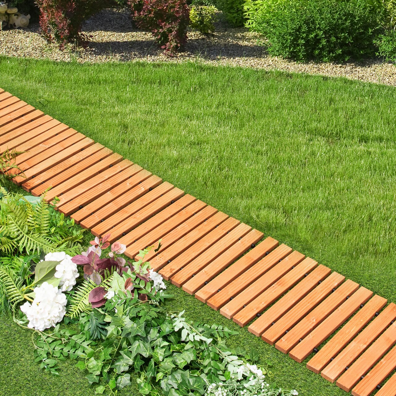 Light Brown Fir Wood Garden Pathway Roll-Up Walkway with Anti-Slip Surface for Outdoor Use